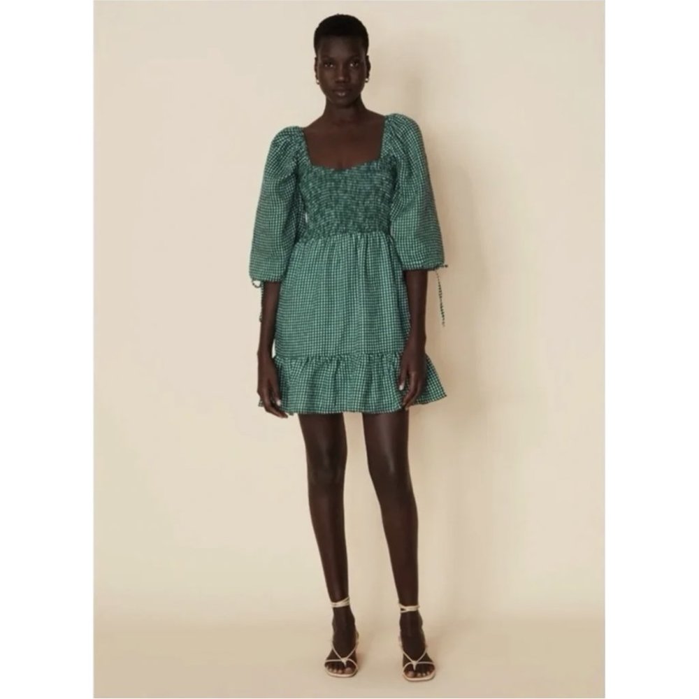 Faithfull The Brand Romina Linen Dress 12 Smocked Check Print Green 3/4 …